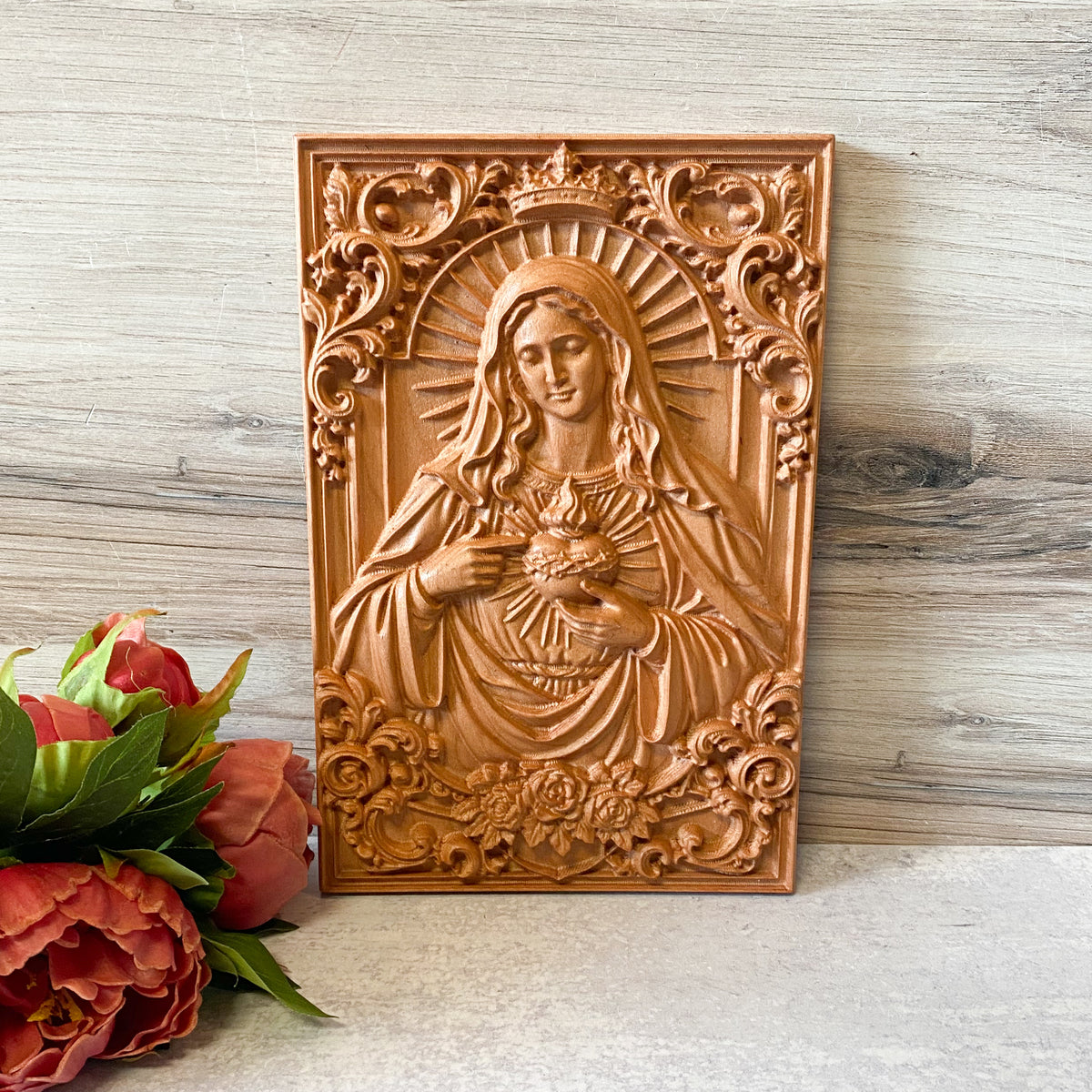 Sacred Heart of Mary Wooden Plaque apprx 6.5" x 9.5"