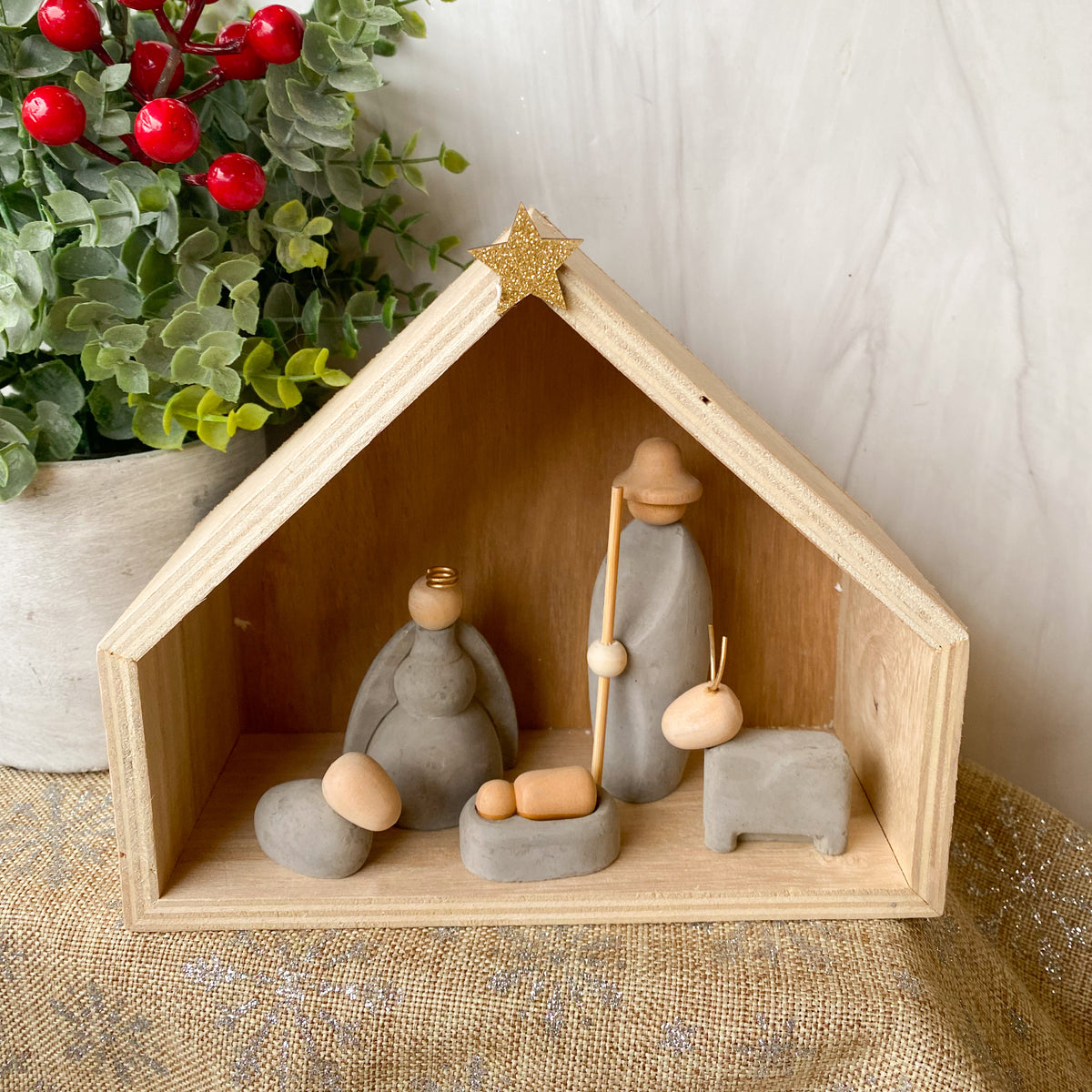 Nativity, St/6, Concrete/Wood, Figures: 1.5"-4", Creche: 6.75" x 7.5"