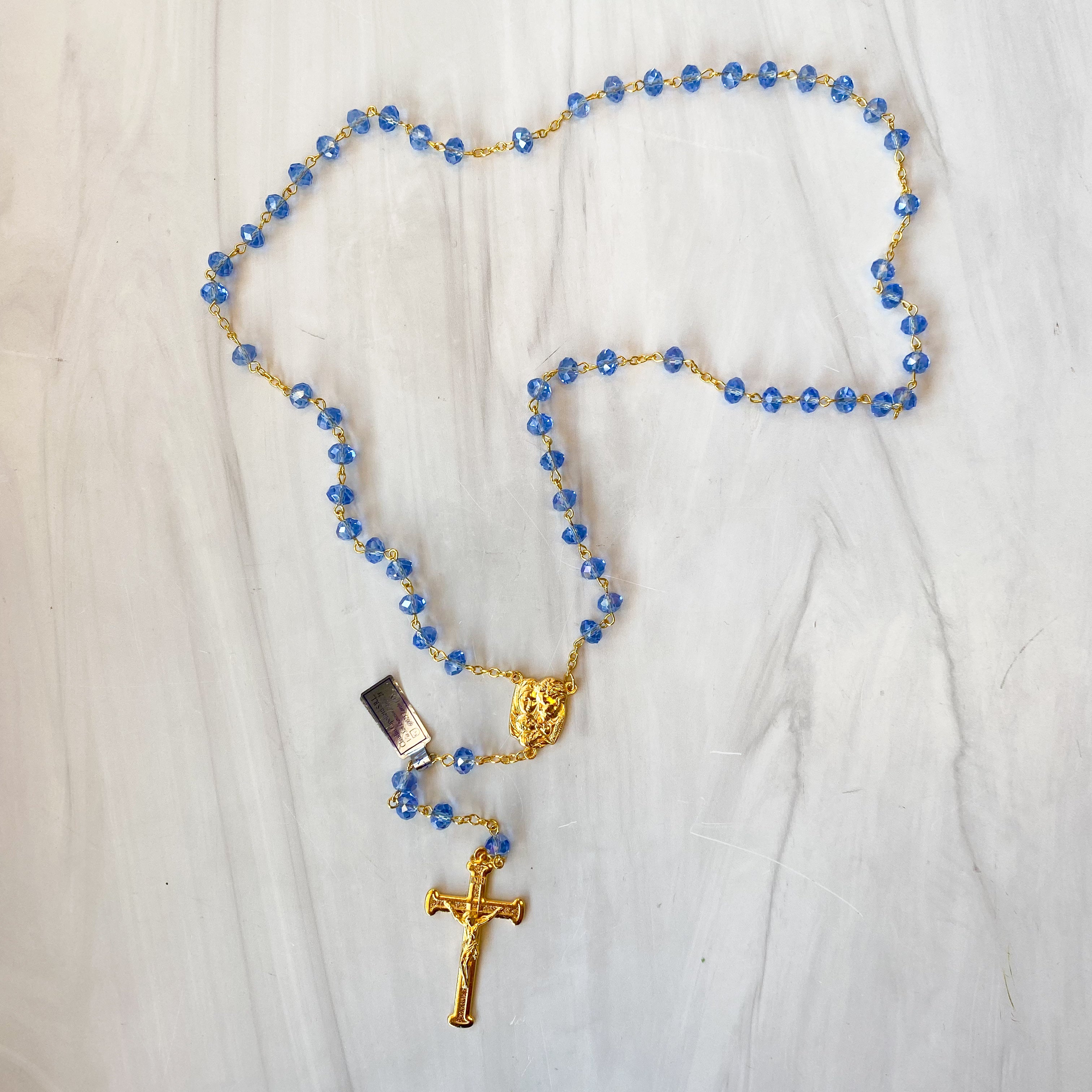 Sapphire Glass Bead Gold Tone Rosary, Boxed