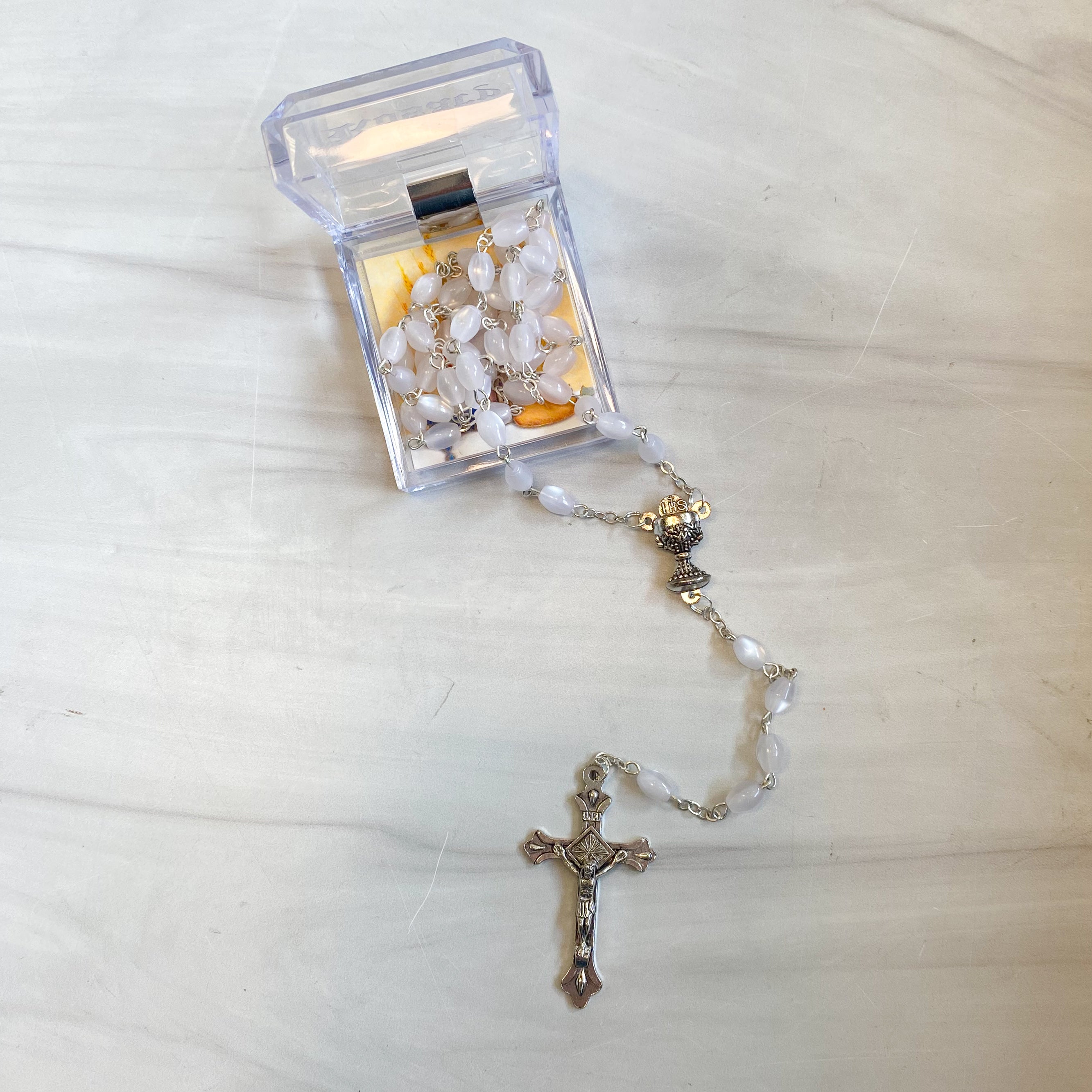 5mm Hematite Imitation Pearl Glass Bead Rosary, Boxed