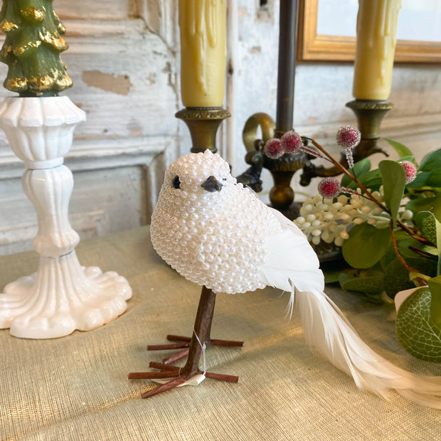 Assorted White Beaded Birds w/ Feather Tails