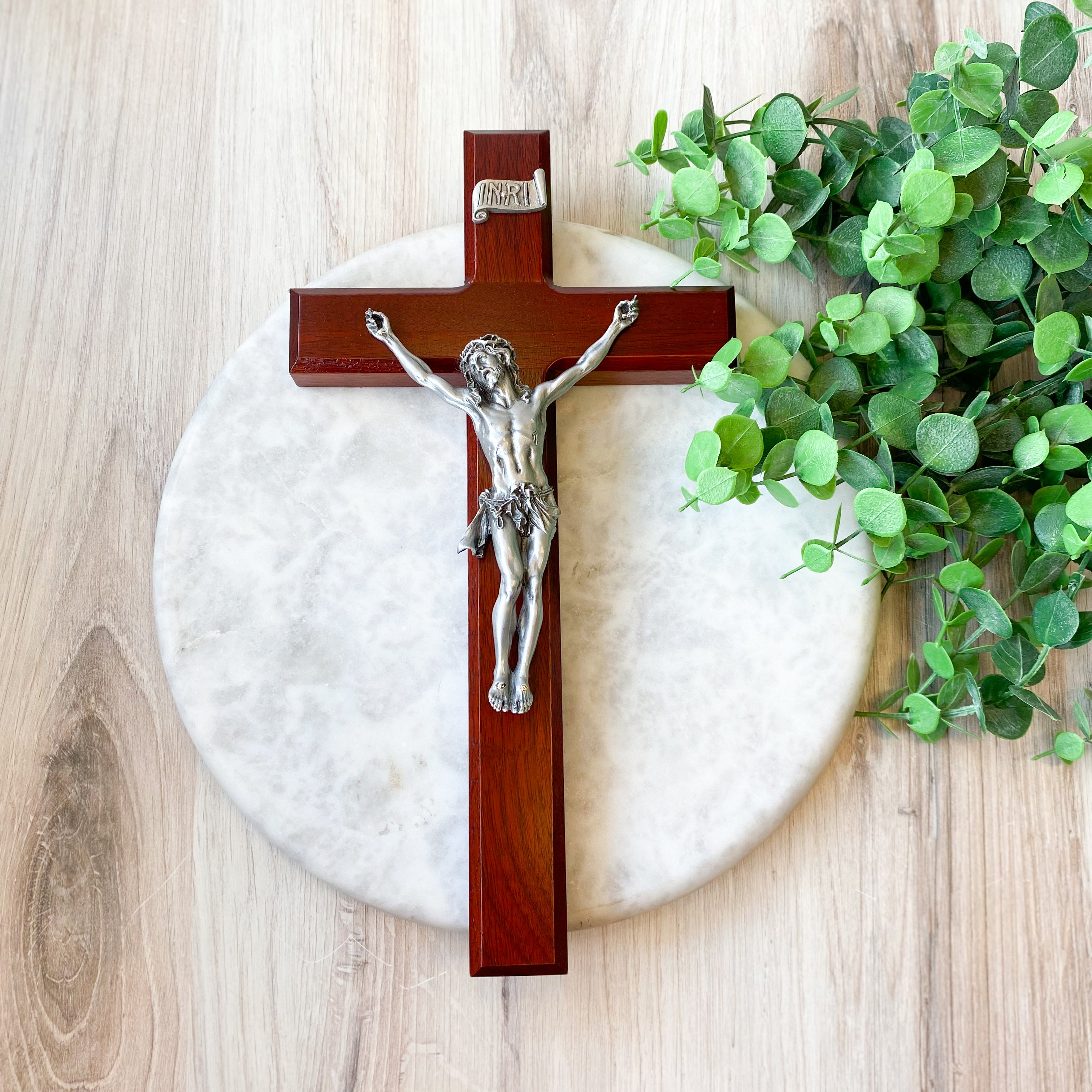 12" Dark Cherry Crucifix with Antique Fine Pewter Corpus