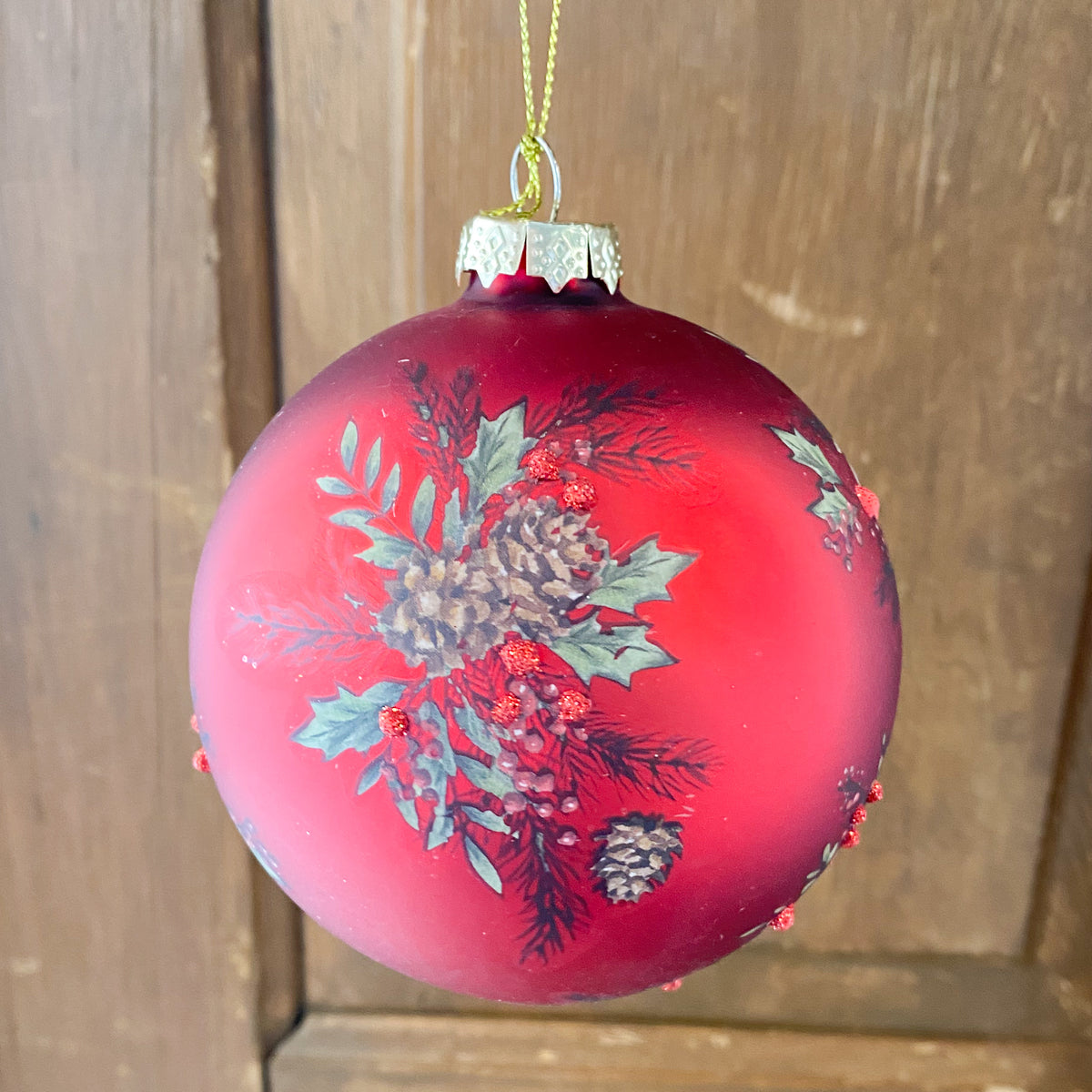 Ornament Red With Pinecones Greenery & Gold Accents (3 shapes)