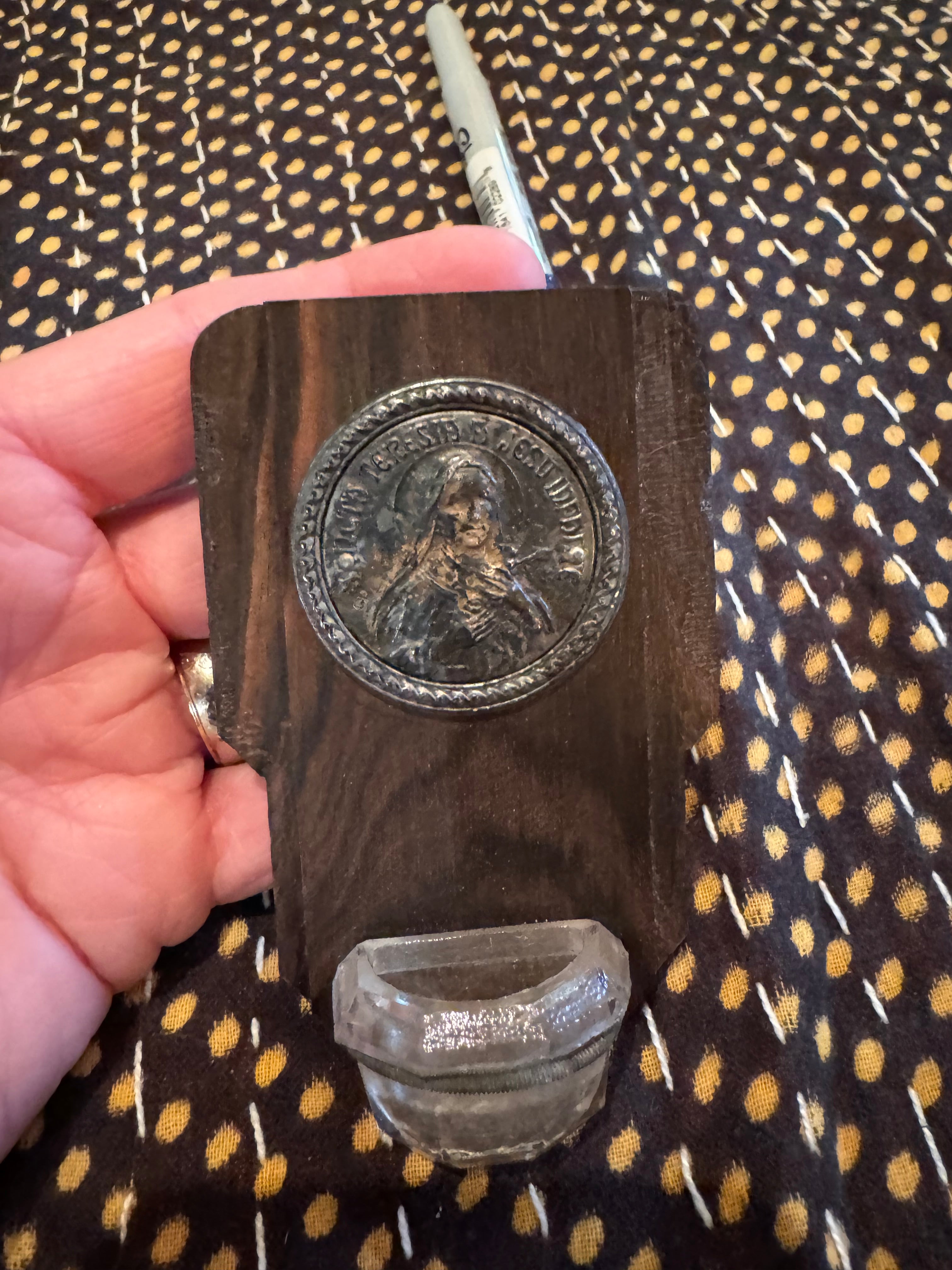 Antique French Wooden St. Therese of Lisieux Holy Water Font