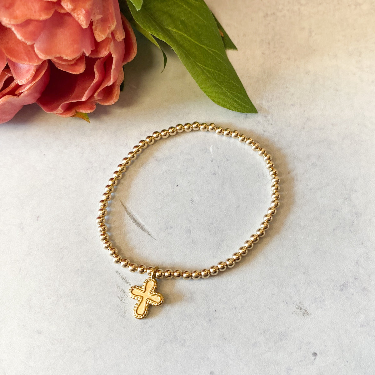 Divine Cross Gold Beaded Bracelet (6.5")