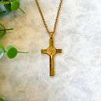 Gold Plated Saint Benedict Stainless Steel Medal Cross on a 24" Chain
