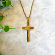 Gold Plated Saint Benedict Stainless Steel Medal Cross on a 24" Chain