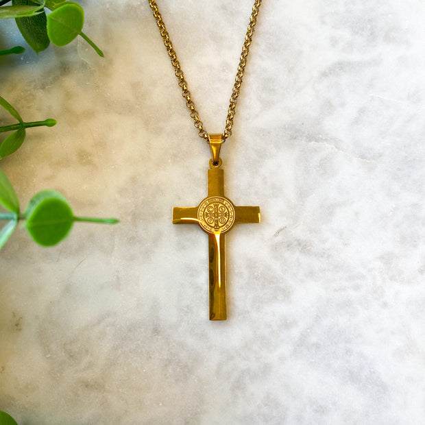 Gold Plated Saint Benedict Stainless Steel Medal Cross on a 24" Chain
