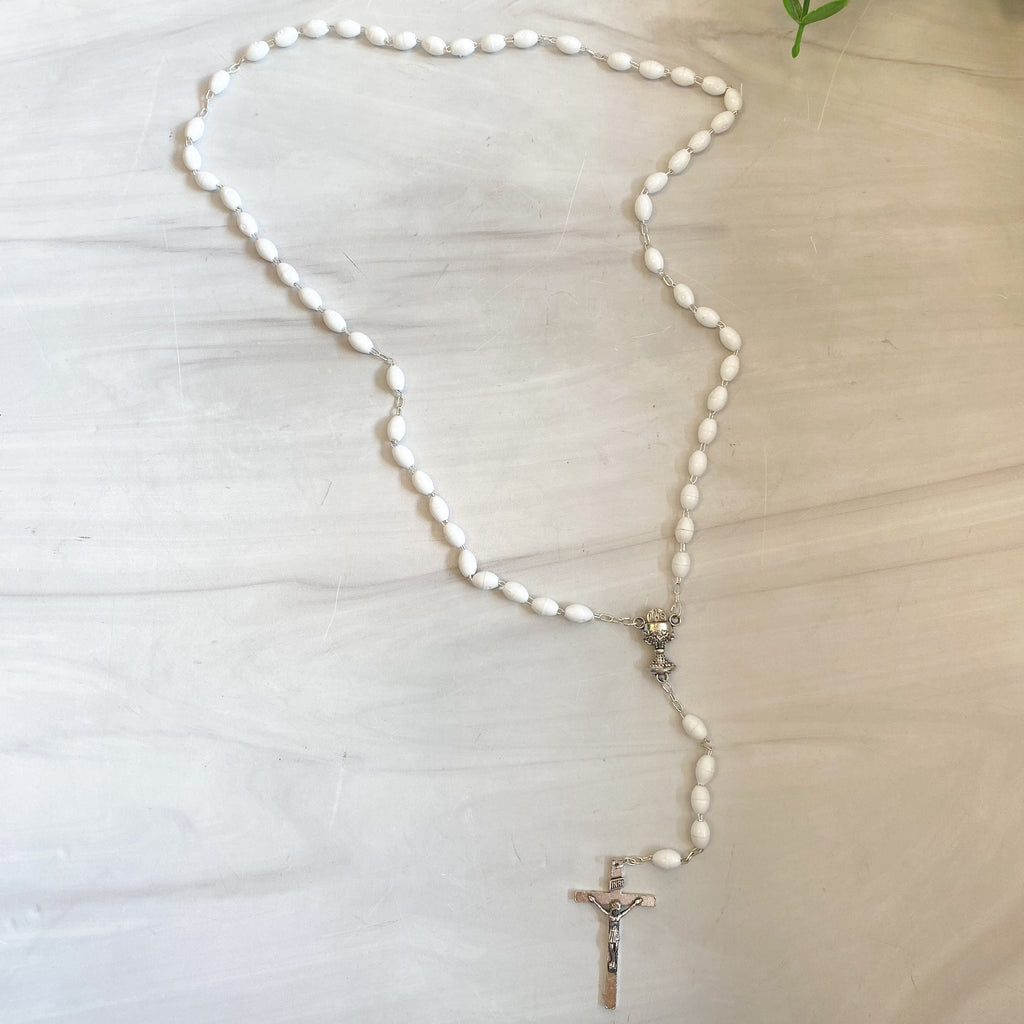 White Plastic Oval Bead Communion Rosary, Boxed