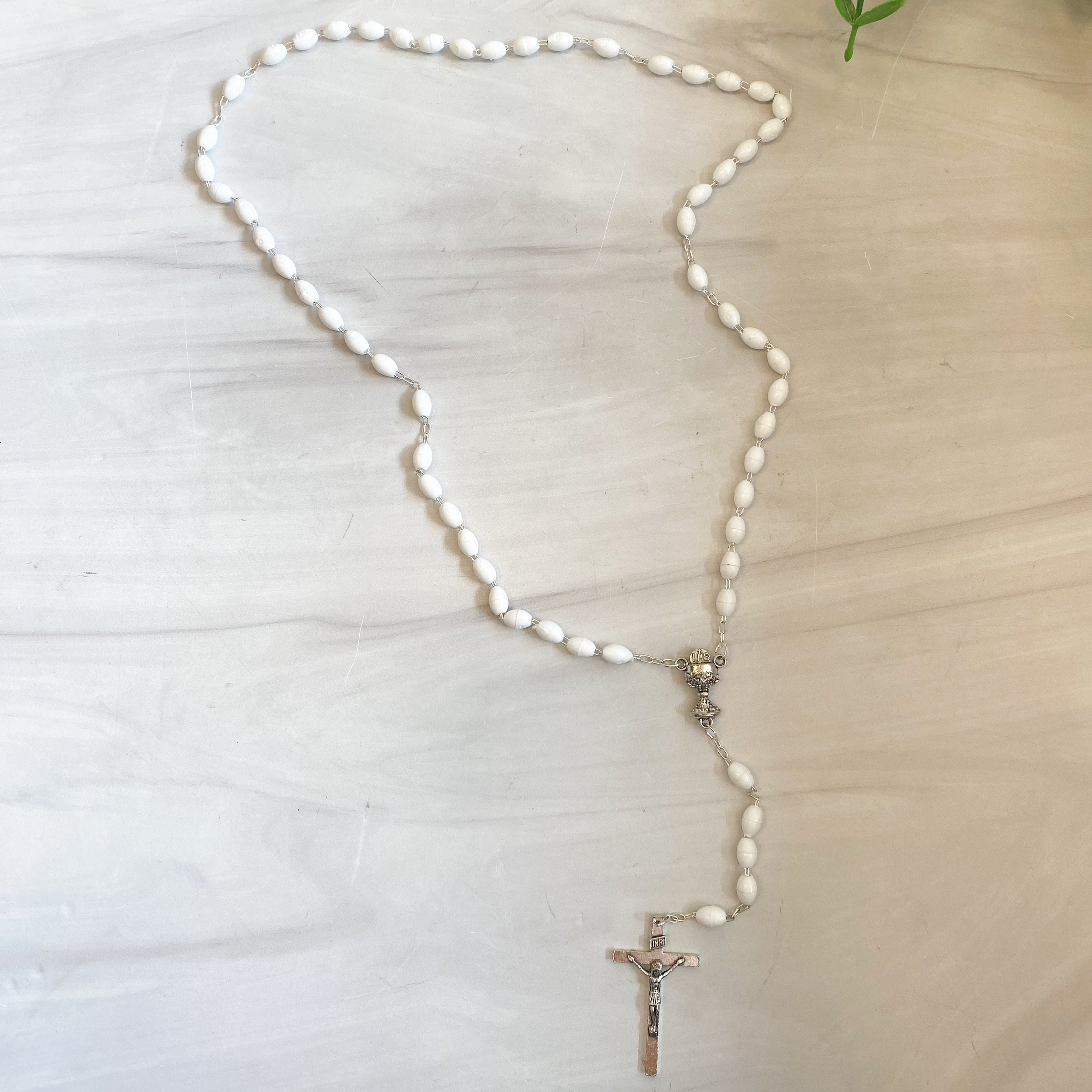 White Plastic Oval Bead Communion Rosary, Boxed
