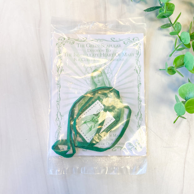 Immaculate Heart of Mary Green Felt Scapular with Instructional Pamphlet on Green Cord