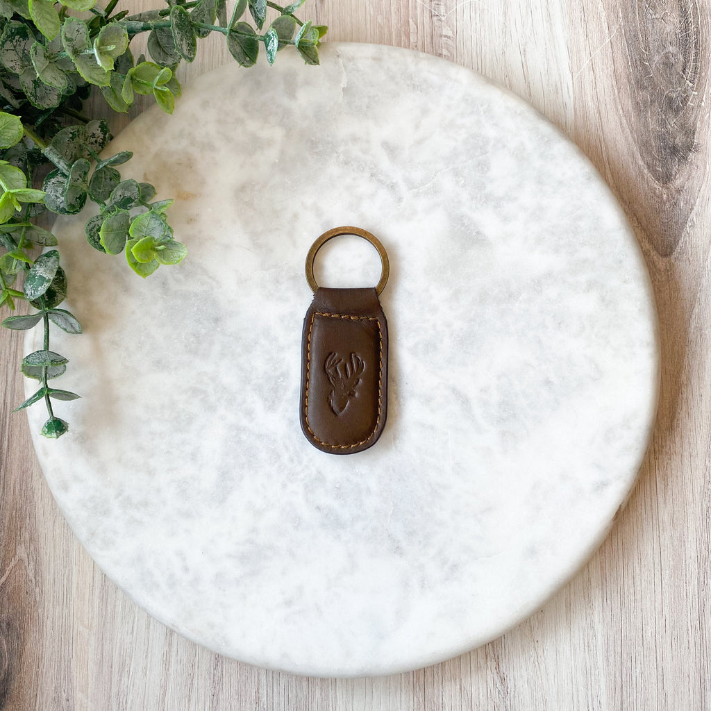 Deer Leather Embossed Keychain Dark Brown 1.35x2.55