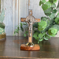 St. Benedict Olive Wood Inlay Standing Crucifix