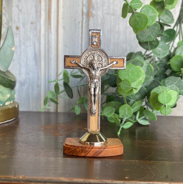 St. Benedict Olive Wood Inlay Standing Crucifix