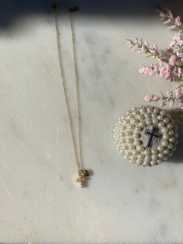 Gold Cross and Heart Necklace - white pearl