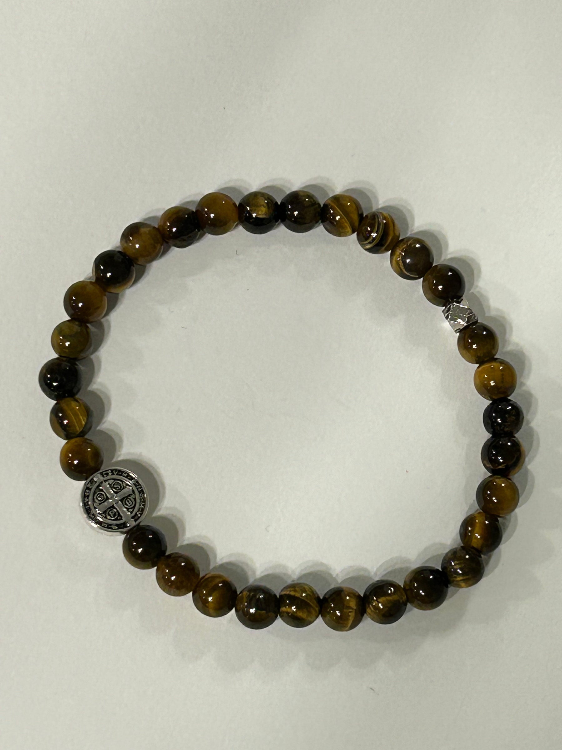 Brown Tigers Eye Bracelet with Silver St. Benedict medal