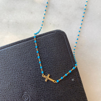 18K Plated Sideways Cross Necklace with Beads