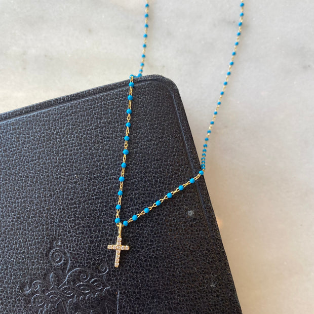 18K Plated Beaded Necklace with CZ Cross