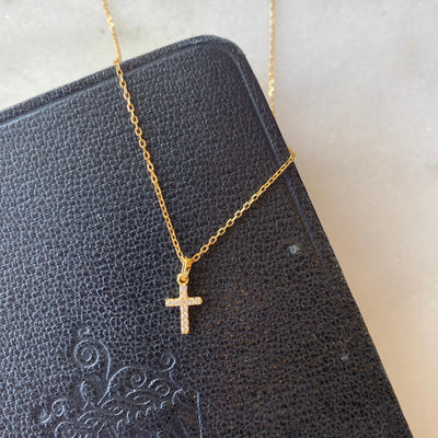18K Gold Plated Adjustable 1cm Cross Necklace with CZ