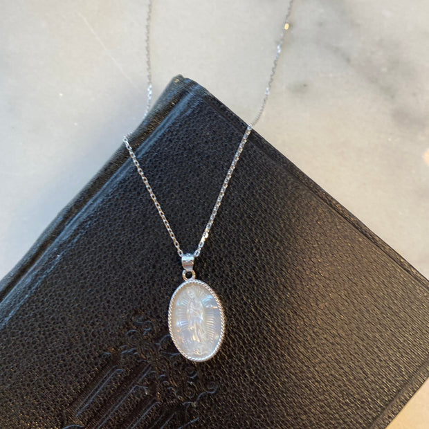 Sterling Silver Mother of Pearl Our Lady of Guadalupe Necklace with Beaded Border