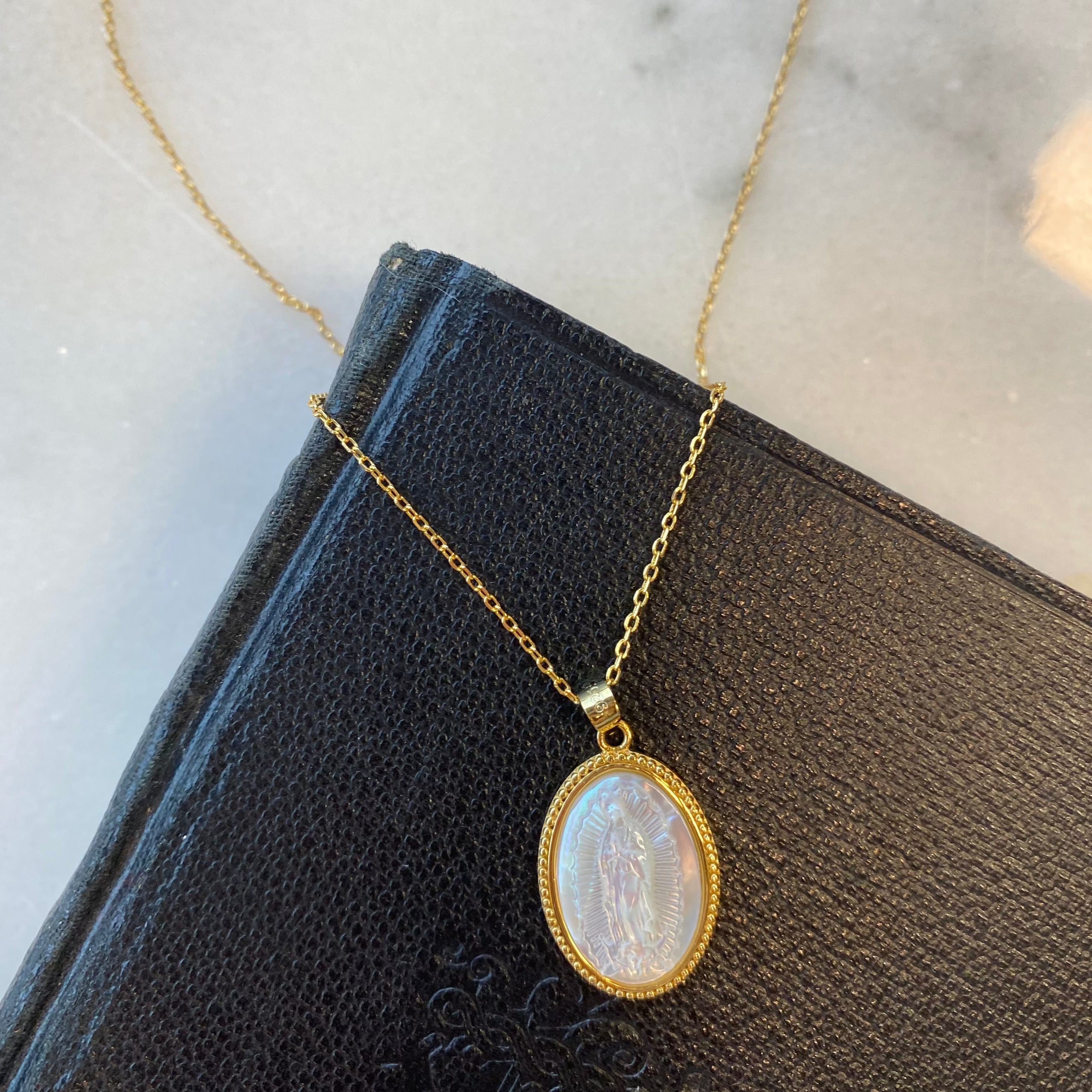 18K Gold Plated Mother of Pearl Our Lady of Guadalupe Necklace with Beaded Border
