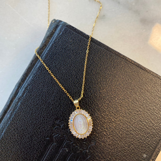 18K Gold Plated Mother of Pearl Our Lady of Guadalupe Necklace with CZ Border