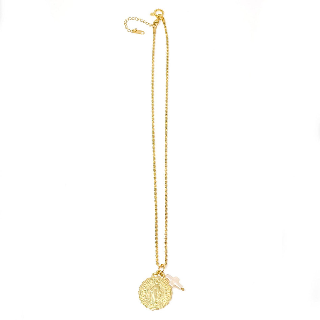 Gold Rope Chain with Gold Ruffle Blessed Mother & Pearl Cross