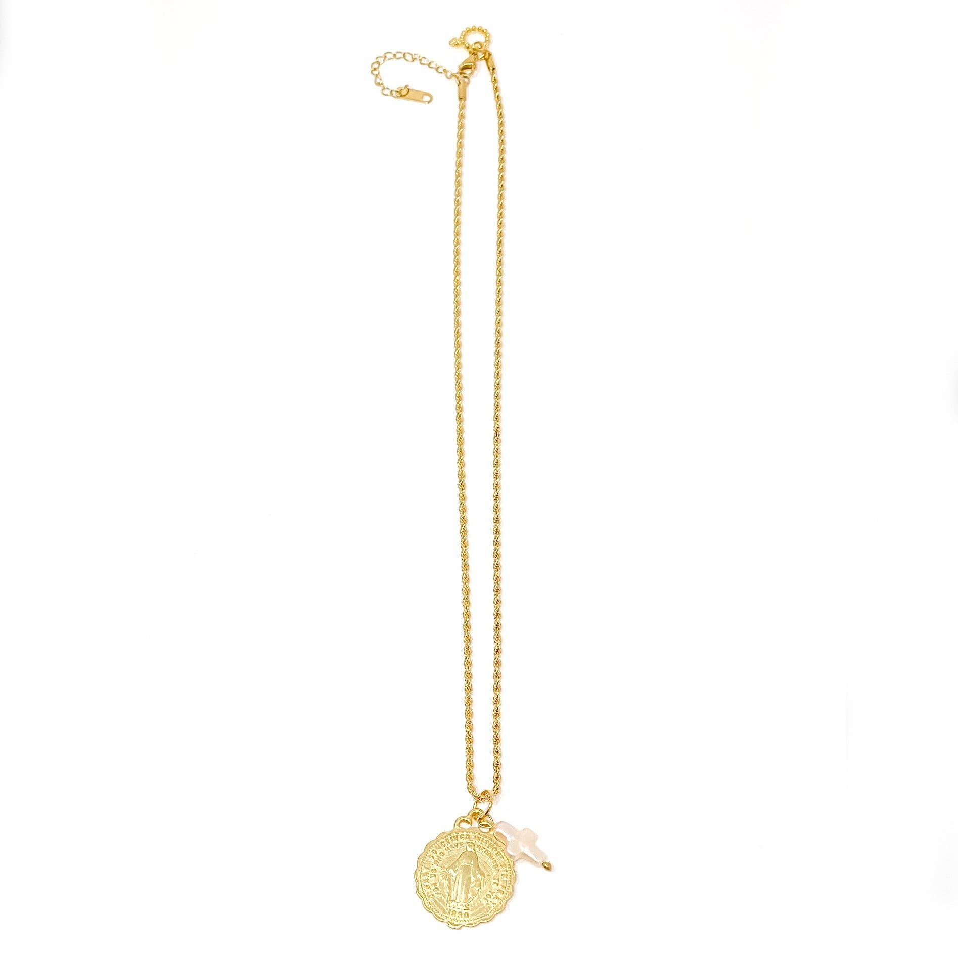 Gold Rope Chain with Gold Ruffle Blessed Mother & Pearl Cross
