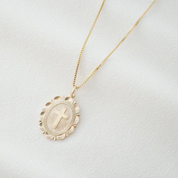 Cross Coin Medallion Necklace (Monet) in 14K Gold Fill