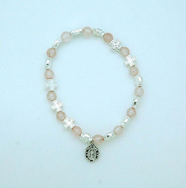 Rose Quartz Cross Bracelet with Miraculous Medal