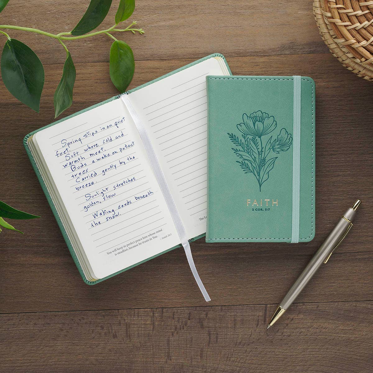 Small Notebook with Elastic Closure Faux Green Faith