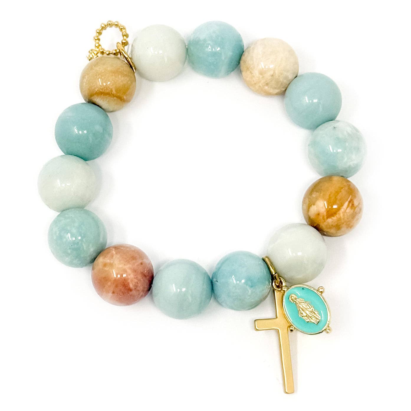 Amazonite with Gold Cross and Aqua Blue Blessed Mother