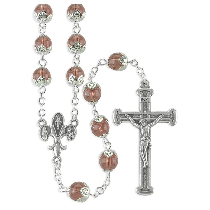 Tulip Capped Amethyst Glass Bead Rosary, Boxed