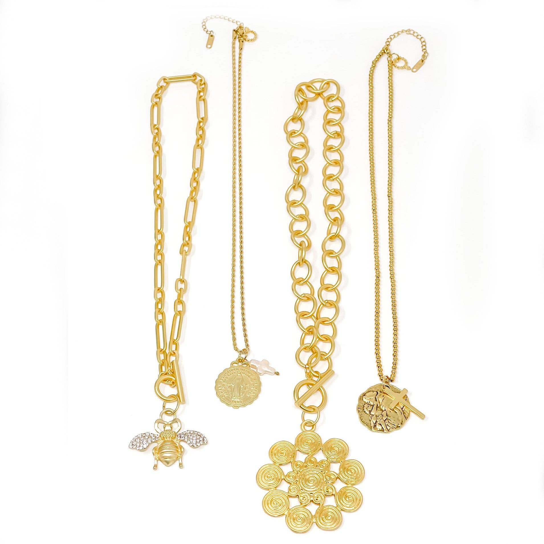 Gold Rope Chain with Gold Ruffle Blessed Mother & Pearl Cross