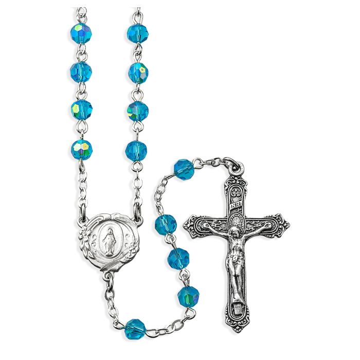 Aqua Aurora Borealis Bead Rosary, Boxed