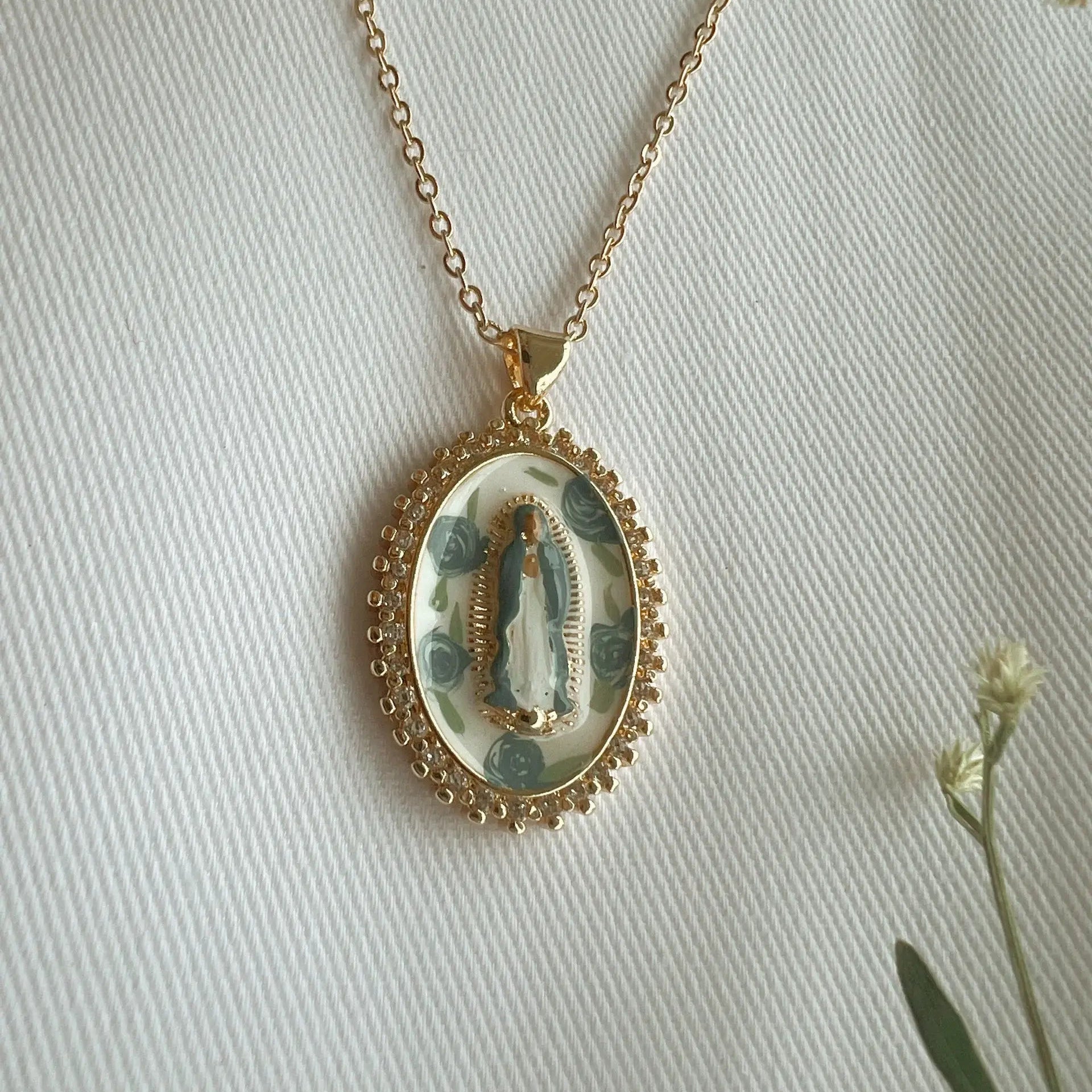 Mother Mary in Blue Roses Necklace