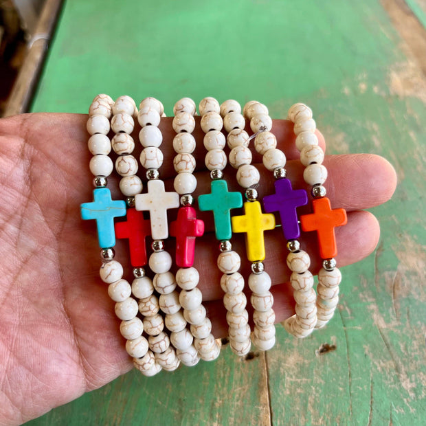 Beige Howlite with Colorful Side Cross Bracelet