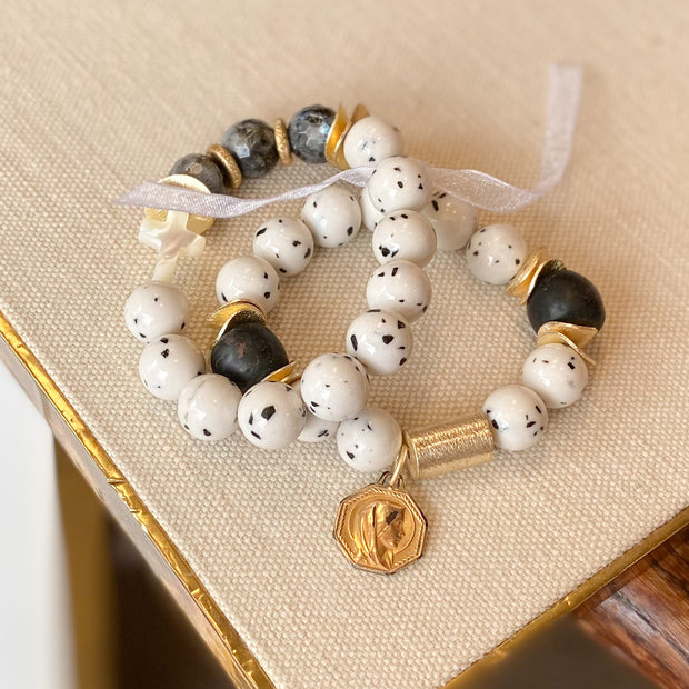 Dalmatian Stone and Antique Medal Rosary Bracelet Stack
