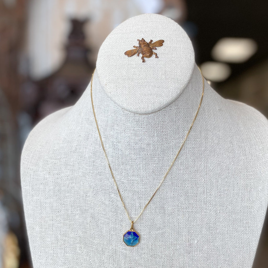 Blue Enamel Antique Medal Necklace on Box Chain