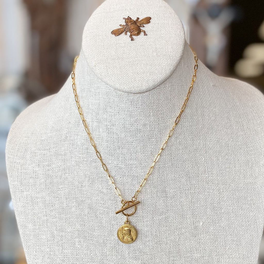Gold Toggle Necklace with Antique Medal