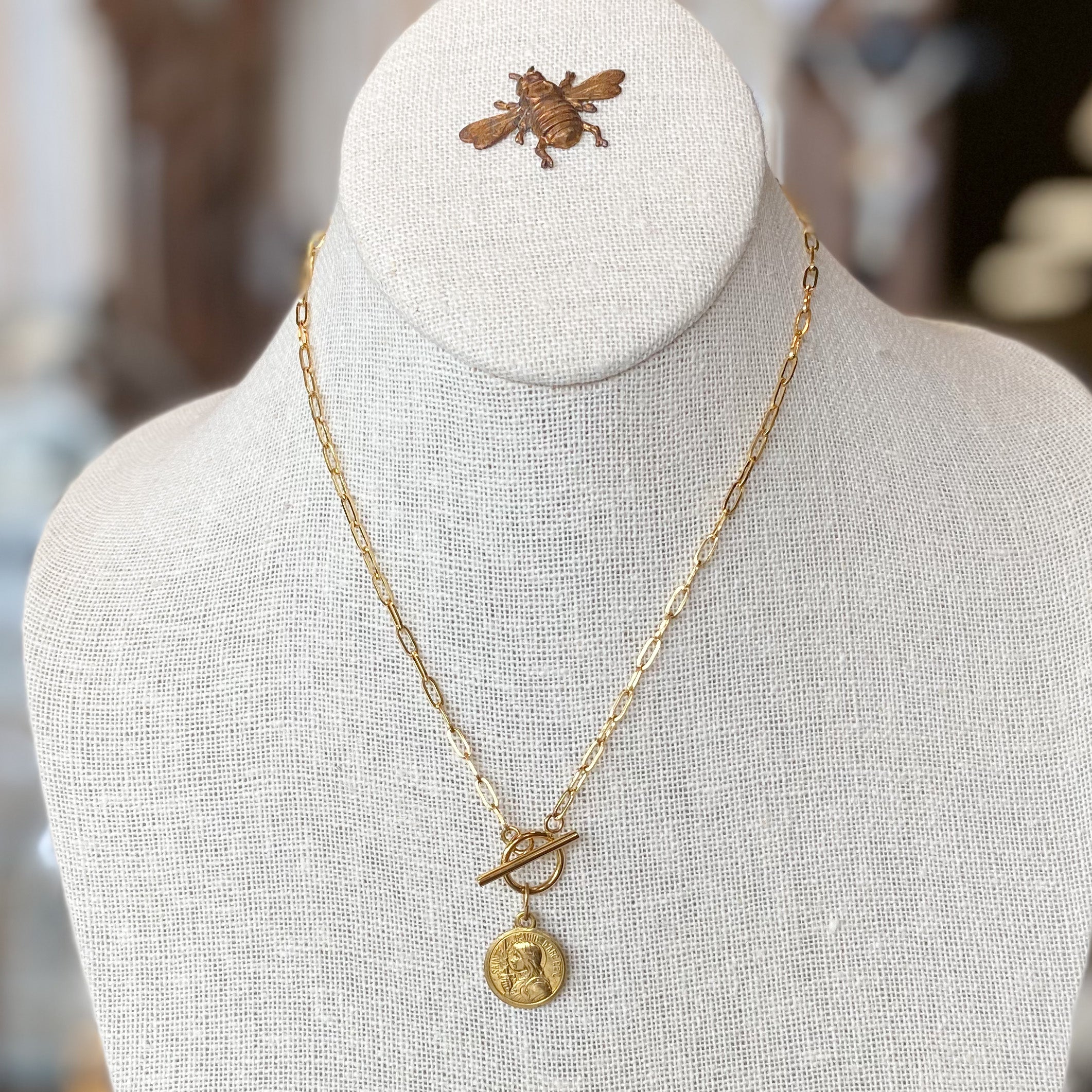 Gold Toggle Necklace with Antique Medal