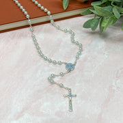 5mm Blue Glass Bead Communion Rosary with a Blue Enameled Chalice and Crucifix Boxed Crossroads Collective