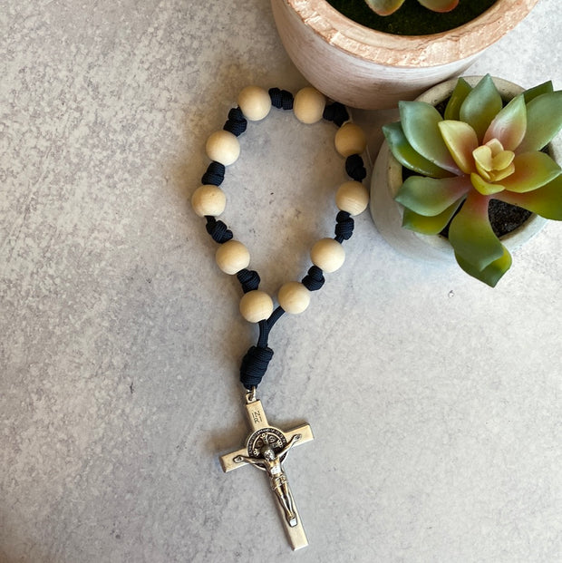 St. Benedict Natural Wood Bead Paracord Rosary