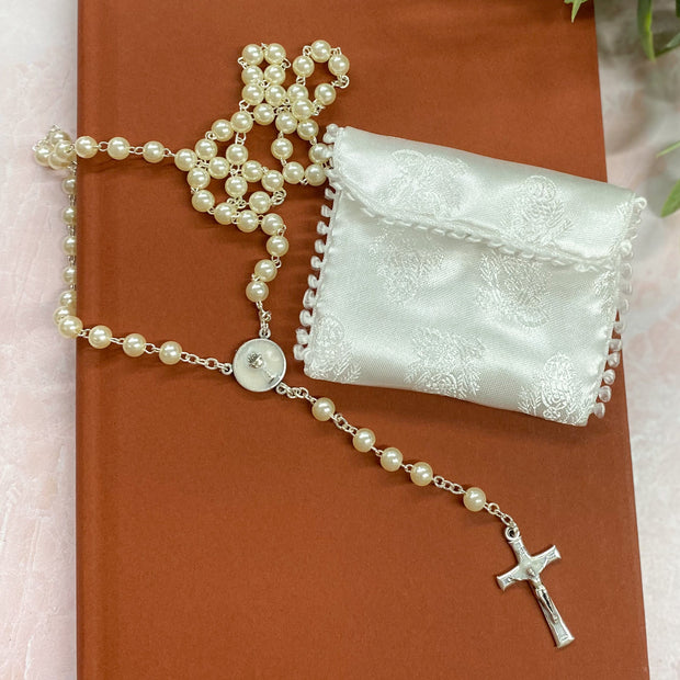 5mm White Pearl Aurora Borealis Bead Communion Rosary Boxed Crossroads Collective