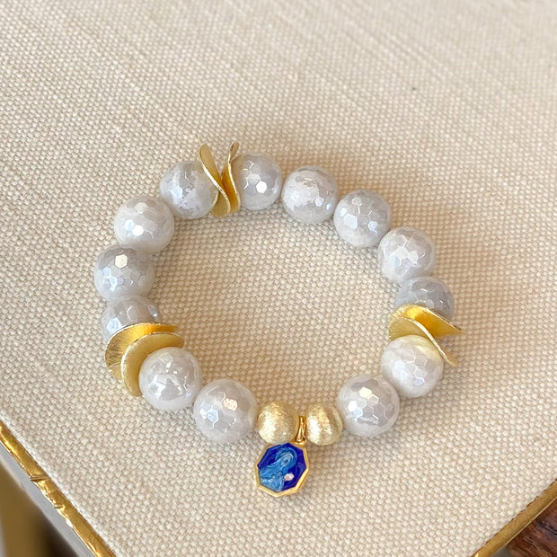 White and Gold Beaded Bracelet with Antique Enamel St. Therese Medal