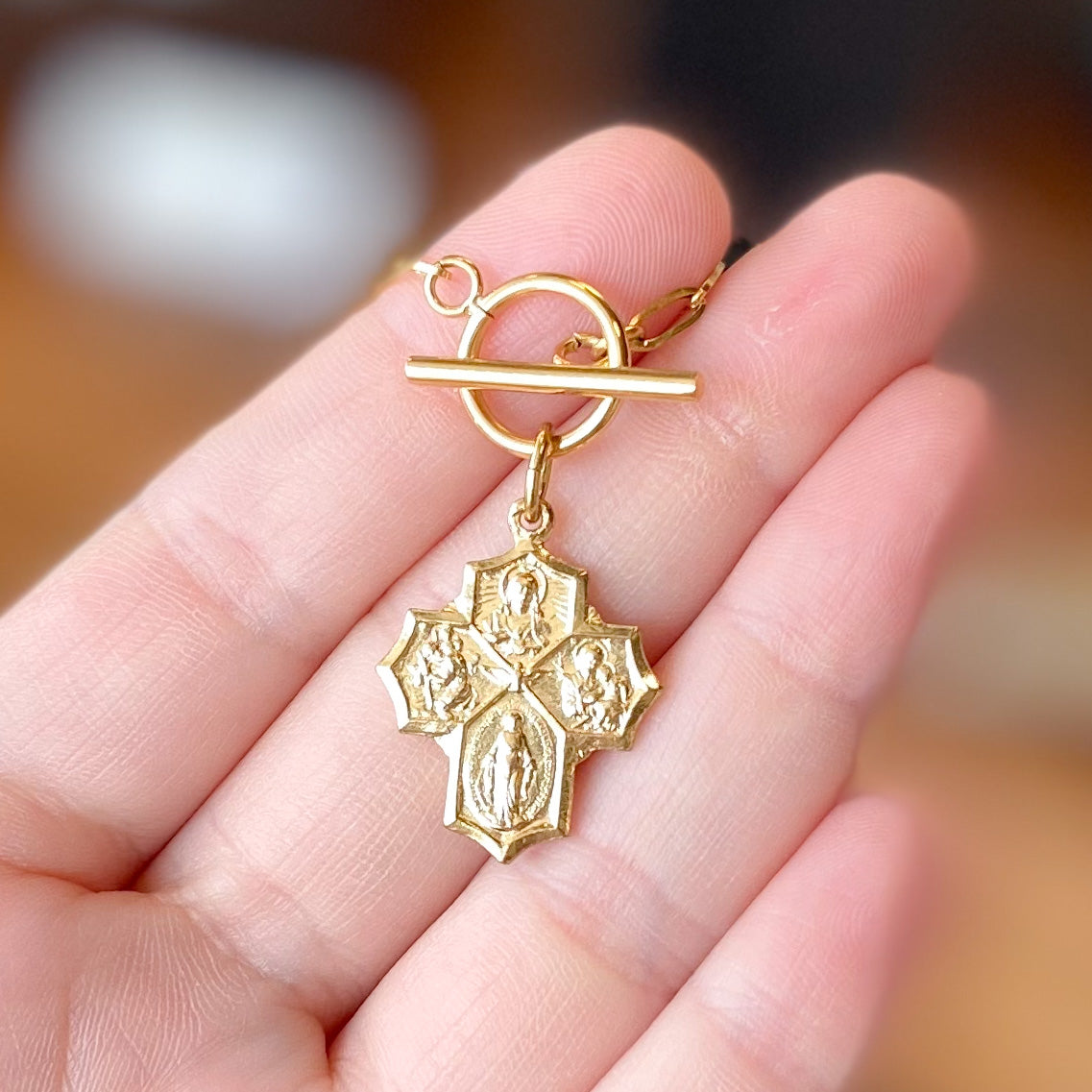 Gold Toggle Necklace with Antique Medal