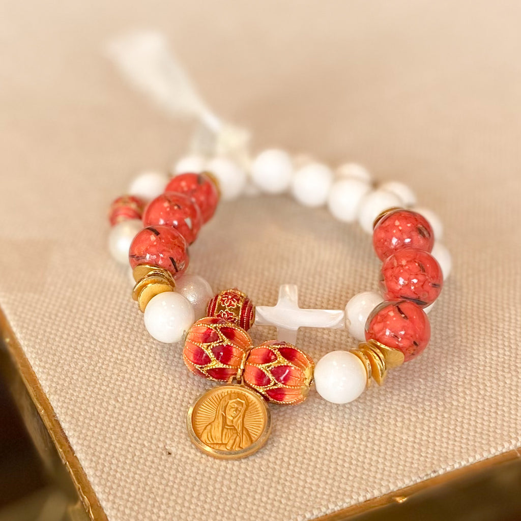 Red and White Cloisonne and Mother of Pearl Rosary Bracelet Stack