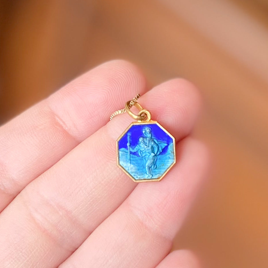 Blue Enamel Antique Medal Necklace on Box Chain