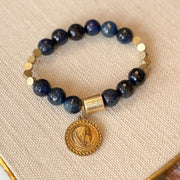Deep Blue Beaded Bracelet with Antique Marian Medal