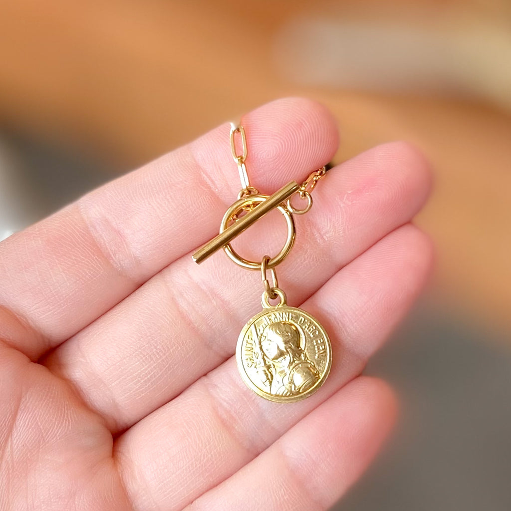 Gold Toggle Necklace with Antique Medal